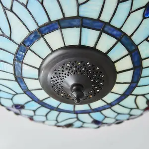 Tiffany Glass Semi Flush Ceiling Light Blue Dragonfly Inverted Shade i00044