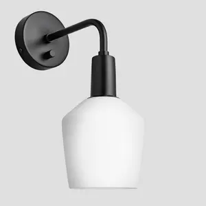 Industville Sleek Opal Glass Schoolhouse Wall Light, 5.5 Inch, White, Black Holder