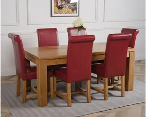 Dakota 182 x 92 cm Chunky Oak Large Dining Table and 6 Chairs Dining Set with Washington Burgundy Leather Chairs