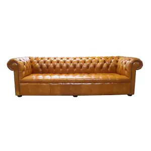 Chesterfield 4 Seater Buttoned Seat Newcastle Spice Real Leather Sofa In Edwardian Style