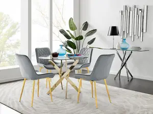 Furniturebox UK 4 Seater Dining Set - Novara 100cm Gold Round Glass Dining Table and Chairs - 4 Grey Velvet Pesaro Gold Chairs