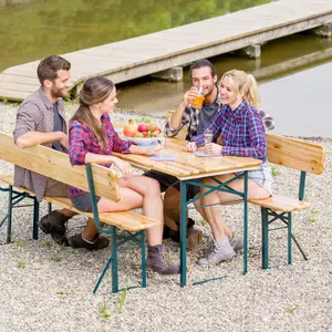 Dining Table and Bench Set - stable, foldable, 2 benches with removable backrests - brown