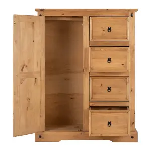 Corona 1 Door 4 Drawer Low Combi Wardrobe in Distressed Waxed Pine