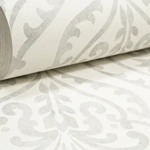 Arthouse White Silver Grey Moroccan Damask Textured Heavy Vinyl Wallpaper Exotic