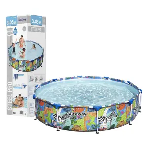 Steel Pro Colourful Zebra Design Round Family Swimming Pool, 305 x 66 cm