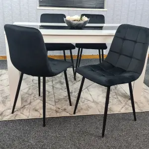 Dining Table And 4 Chairs White Black Wooden Table, Black Velvet Tufted Chairs