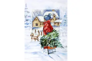 Counted Cross Stitch Kit: Greetings Card: Christmas Tree on the Sledge