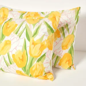 Homescapes Yellow Tulips Digitally Printed Cotton Duvet Cover Set, Super King