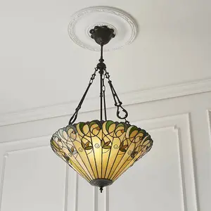 Tiffany Glass Hanging Ceiling Pendant Light Bronze Round Amber Lamp Shade i00129