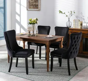 Set of 4 Lux Velvet Tufted Kitchen Dining Chairs with Wooden Legs, High Back Office Bedroom Chairs Black