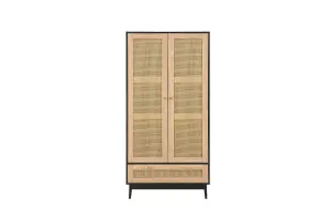 Black 2 Door Wardrobe Rattan 1 Drawer Mid Century Modern