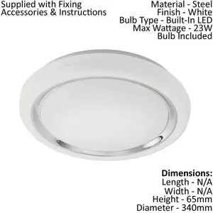 Wall Flush Ceiling Light Colour White Shade White Chrome Plastic Bulb LED 23W