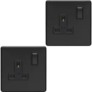 2 PACK 1 Gang DP 13A Switched UK Plug Socket SCREWLESS MATT BLACK Wall Power