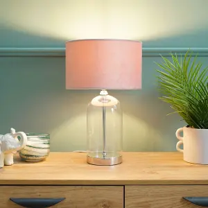 ValueLights Jessy Glass and Silver Chrome Metal Bedside Table Lamp with a Blush Pink Velvet Lampshade - Bulb Included