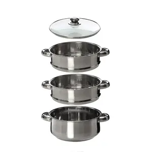 Interiors by Premier Stainless Steel Steamer, 3-Tier Rice Steamer with Glass Lid, 6 Handles for Easy Handling, Best Rice Steamer