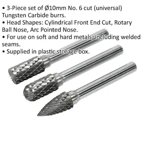 10mm Tungsten Carbide Rotary Burr Bits Set - 3 Pack with Varied Cutting Heads for Metal Work