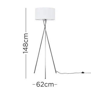 ValueLights Camden Modern Polished Chrome Metal Tripod Floor Lamp with White Cylinder Shade - Includes 6w LED Bulb 3000K