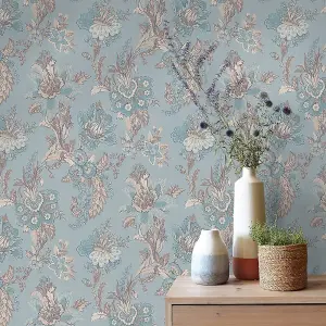 Abode Edward Floral Flowers Leaves Duck Egg Wallpaper