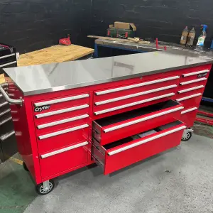 Crytec 72" Heavy Duty Red Pro Tool Cabinet With Stainless Steel Top And Castor Wheels