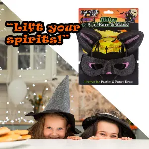 Halloween Cats Ears & Mask Set Halloween Party, Trick or Treat  Black Glitter