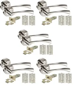 Golden Grace 5 Sets Twist Astrid Style Chrome Door Handles on Rose, Dual Finish Lever Latch, Hinges, 64mm Tubular Latch