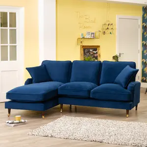 Mackenzie 217cm Wide Marine Blue Left Hand Facing Velvet Fabric Corner Sofa with 160cm Deep Chaise