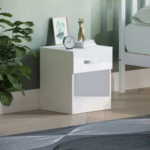 Arkadij High Gloss 1 Drawer Manufactured Wood Bedside Table, Modern Bedroom Cabinet White