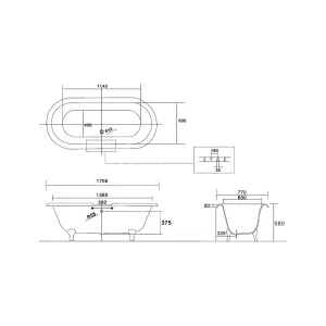 Arroll Moulin Gloss Black Roll-top Double ended Bath with 2 Tap holes (L)170cm (W)77cm