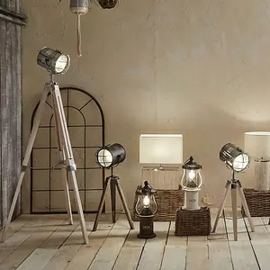 Retro White Wash and Silver Metal Tripod Floor Lamp