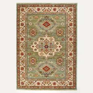 Persian Bordered Geometric Easy to Clean Green Traditional Rug for Living Room Bedroom & Dining Room-80cm X 150cm