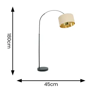 ValueLights Louis Black Arched Curved Floor Lamp with Beige and Gold Inner Shade & LED Bulb