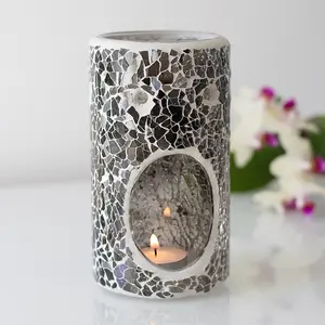 Grey Glass Pillar Shaped Oil, Wax Melt Burner. Mirrored Crackle Effect. H14.5 cm