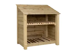 Wooden log store with kindling shelf W-119cm, H-126cm, D-88cm - natural (light green) finish