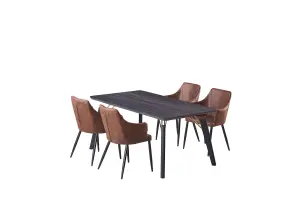 5PCs Zarah Cosmo Dining Table Set w/ a Black Dining Table & 4 Brown Faux Leather Dining Chairs for Dining Room