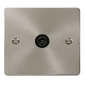 Flat Plate Satin / Brushed Chrome 1 Gang Single Coaxial TV Socket - Black Trim - SE Home