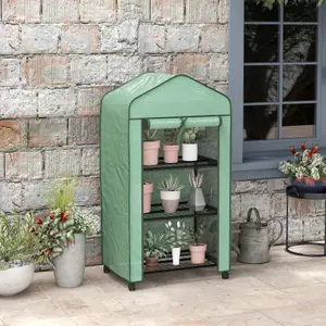 Outsunny Portable Mini Greenhouse with Roll-up Door and Wheels, Green