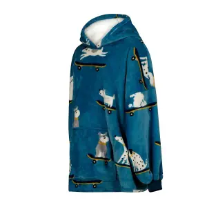 Urban Unique Skater Dogs Sherpa Fleece Hoodie Blanket/Throw Blue Oversized