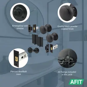 AFIT Lined Door Knob Set Matt Black - 1 Pair of Mortice Knobs 55mm, Latch & Deadbolt Kit 76mm, Hinges 76mm & Turn & Release