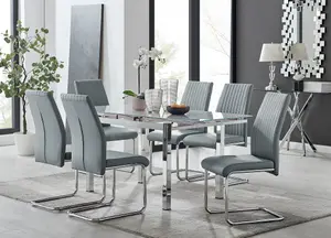 Furniturebox UK 6 Seater Dining Set - Enna White Glass & Chrome Extendable Dining Table & Chairs - 6 Grey Leather Lorenzo Chairs