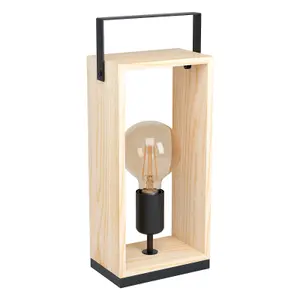 Table Lamp Desk Light Black & Natural Steel & Wood Box 1 x 40W E27 Bulb