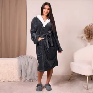 Sienna Hooded Sherpa Fleece Dressing Gown - Charcoal Grey