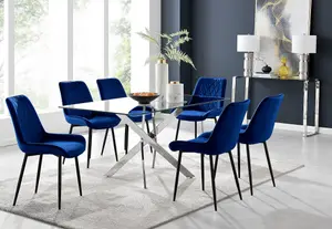 Furniturebox UK Leonardo 6 Dining Table and 6 Navy Pesaro Black Leg Chairs