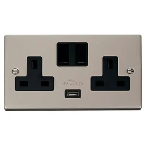 Pearl Nickel 2 Gang 13A 1 USB Twin Double Switched Plug Socket - Black Trim - SE Home