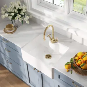 Fireclay Single Bowl Butler Kitchen Sink Tap Ledge, Overflow  & Tap Hole 595mm