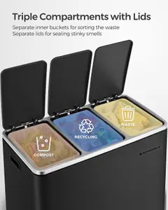 SONGMICS Kitchen Rubbish Bin, Waste Separation System, 3 Compartments, Waste Bin, Pedal Bin, Steel, Black