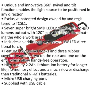 360 degree Swivel Inspection Light - 7 SMD & 3W SMD LED - Rechargeable - Red