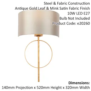 2 PACK Antique Gold Leaf Wall Light & Mink Satin Shade Dimmable Filament Lamp