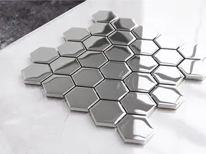 Hexagon glass mosaic on mesh for bathroom or kitchen 247mm x 255mm - Liquid silver