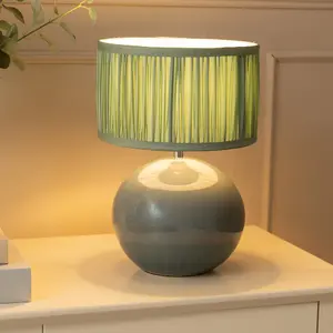 ValueLights Bosco Eucalyptus Ceramic Table Lamp with Ruched Pleated Green Fabric Drum Lamp Shade and LED Bulb