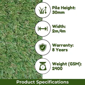 Aurelie 30mm Outdoor Artificial Grass, Pet-Friendly Artificial Grass, Plush Fake Grass-11m(36'1") X 4m(13'1")-44m²